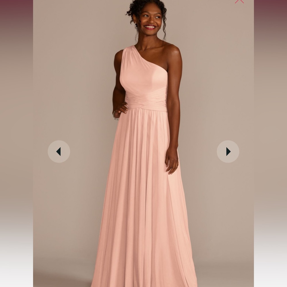 One shoulder David’s bridal bridesmaids dress in petal